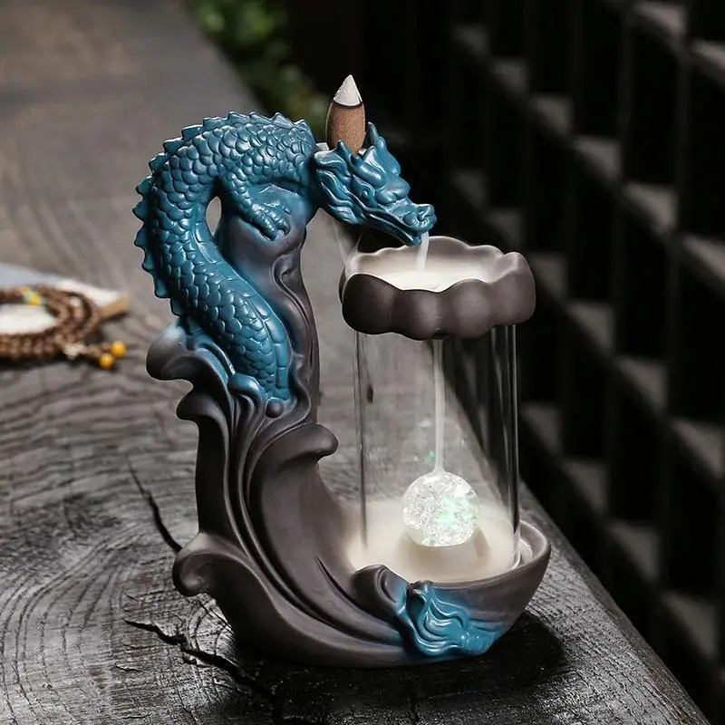 Dragon Design Backflow Incense Burner, Creative Incense Holder with Windproof Cover & LED Light, Home Decor Ornament for Living Room Bedroom Office, Freshener, Fragrance