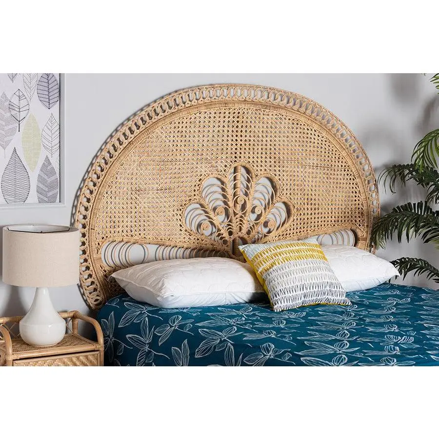 Marlette Modern Bohemian Natural Brown Rattan Queen Size Standalone Headboard
