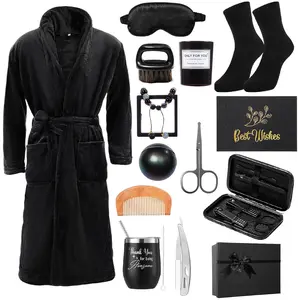 Robe Gift for Men 15pcs Faither's Day Gifts Beard Care Set with Bath Robe thermal cup beard brush razor bracelet aromatherapy silk eye mask socks nail clipper set Birthday Gifts Basket for Men Father Husbands Grandfathers Brothers(Unhooded)