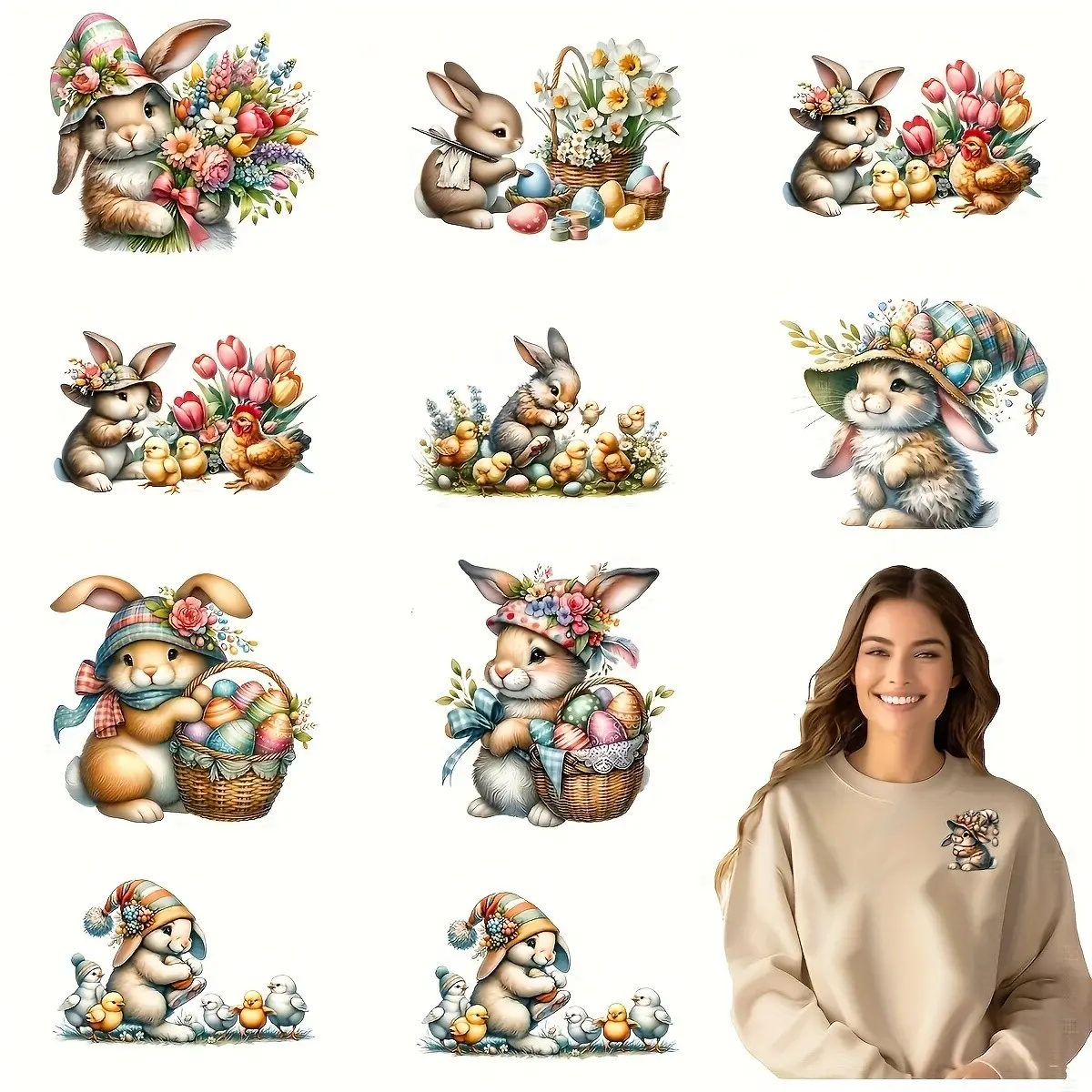12 Piece Easter Bunny Heat Transfer Stickers, Cute Washable Vinyl Decals Craft Supplies for DIY T-Shirts Jeans Masks Backpacks, Multiple Colors Available