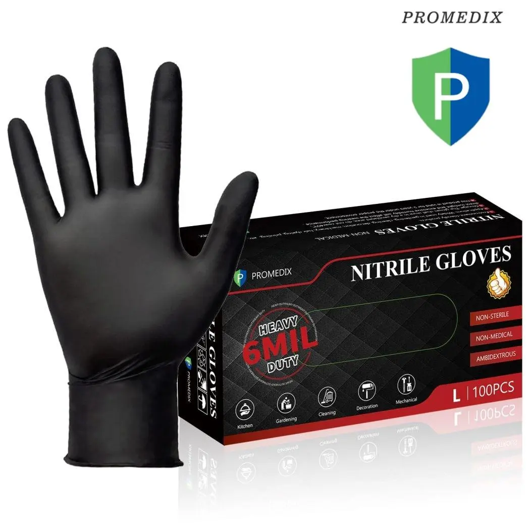 6 Mil Heavy Duty Black Nitrile Gloves, 100 Count Disposable Work Gloves, Latex Free & Powder Free, Durable Grip Gloves for Automotive Repair, Garage, Cooking, Cleaning & Workshop Use