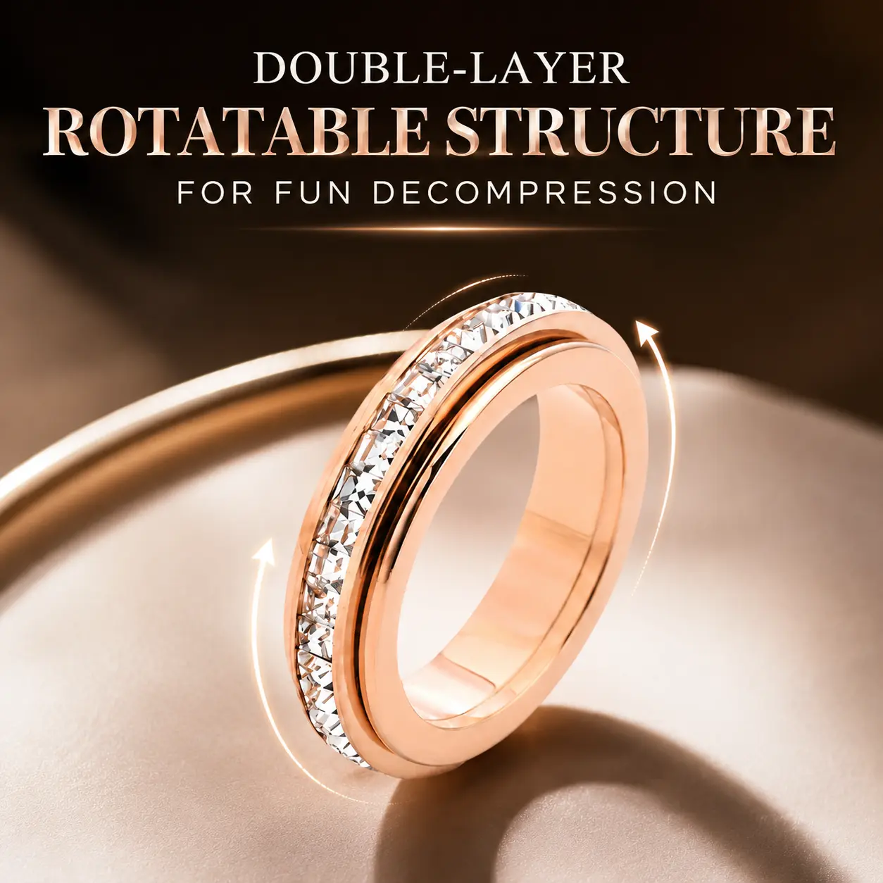 Unisex Rotatable Decompression Full Eternity Ring, Titanium Steel Stress Relief Band with Square Cubic Zirconia, Smooth Double Layer Ring for Office and Daily Wear, Size 6-9, Perfect Gift