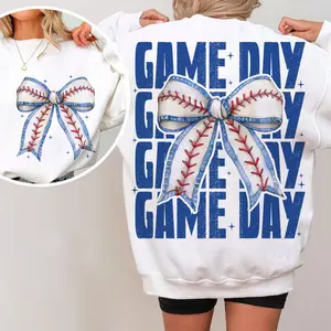 [Sale off up to 50%] Game Day Baseball Bow Oversized 2 Sides Sweatshirt, Baseball Coquette Bow Tee, Baseball Sweater, Baseball Mom Sweatshirt, Game Day, Full Sizes, Full Colors, Cotton Round Neck Tee Comfort Printed Tops, Graphic Streetwear T-shirt