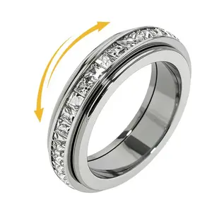 Anxiety Rings for Women and Men Titanium Steel Spinner Fidget Band Rings with Cubic Zirconia for Stress Relief and Wedding Promise Comfort Fit Size 5 to 12