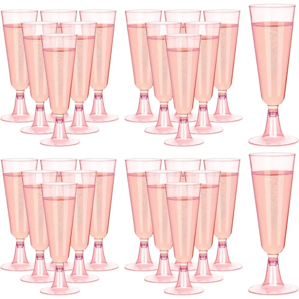 50 Pcs Disposable Champagne Flutes, Clear 5oz Plastic Wine Glasses, Assembled Plastic Champagne Cups for Party, Wedding, Cocktail (Clear Pink)