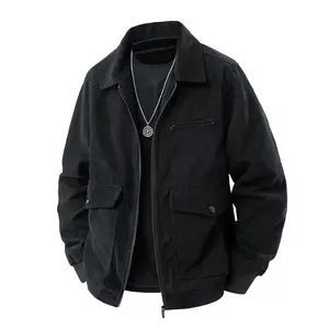 Men's Dark Gray Corduroy Jacket with Silver Necklace Stand Collar Zip-Up Style with Multiple Pockets for Casual Wear