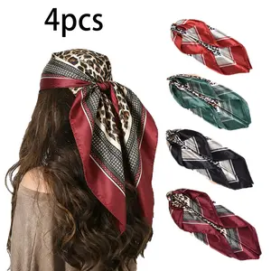 1/4pcs Women's Head Scarves, Leopard Print and Geometric Pattern Design Scarf Set - Fashion Headbands | Multi-purpose Square Scarves, Oversized, Can be Used as Headwear and Clothing Accessories, Leopard Print Headscarf, Four Distinct Scarves