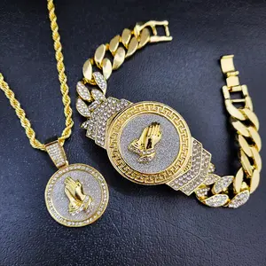 MaxBling81 Cuban Link Hip Hop Jewelry Gift Set - Gold-Plated Cubic Zirconia Praying Hands Charm Bracelet, Chain and Necklace Fashion Costume Accessory, Cuban Links, Link Chain