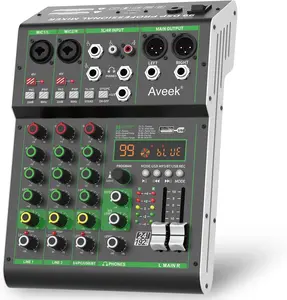 Aveek Audio Mixer, Professional Sound Board Mixing Console with USB, Bluetooth & Computer Connectivity, 4-Channel Stereo DJ Mixer, 48V Phantom Power, 99 DSP Effects, Portable Design with Connector and Button Control for Recording, Karaoke & Streaming