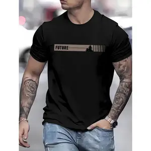 MEN'S casual crew neck T-shirt with "future" print, short sleeve, knit fabric, 95% polyester 5% spandex, slight stretch, regular fit, summer top-Black