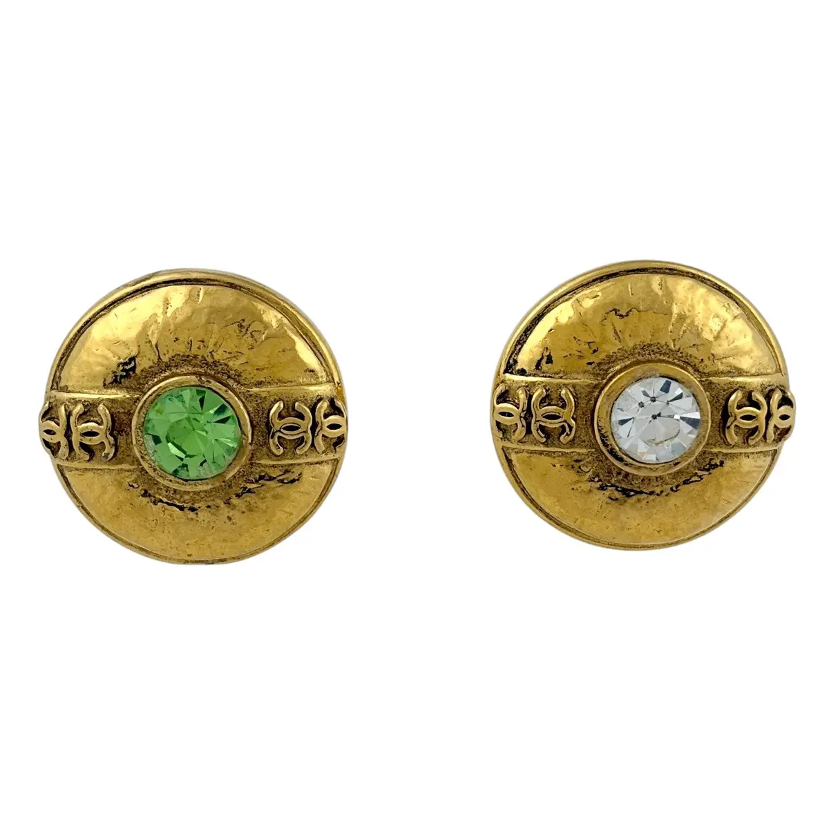 Pre-owned CHANEL Gold Plated CC Logos Round Rhinestone Vintage Earrings 4000033800246