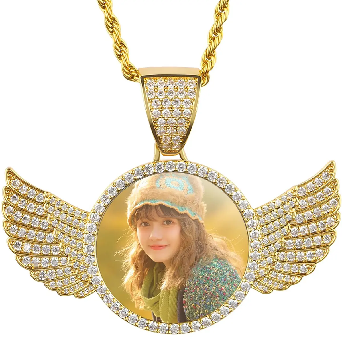 Picture Necklace Personalized for Mens Women - Custom Photo Angel Wings Circular Pendant - Customized Portrait Jewelry - Birthday Anniversary Memorial Gifts Wife Mother