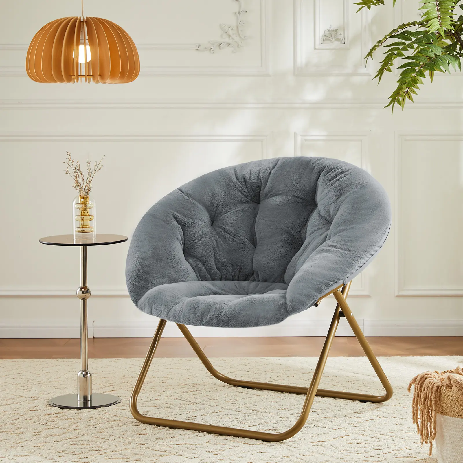 Faux Fur Saucer Chair, Folding Indoor Living Room Furniture with Soft Thick Padded Seat & Metal Frame, Modern Comfy Lounge Chair for Bedroom Home Reading