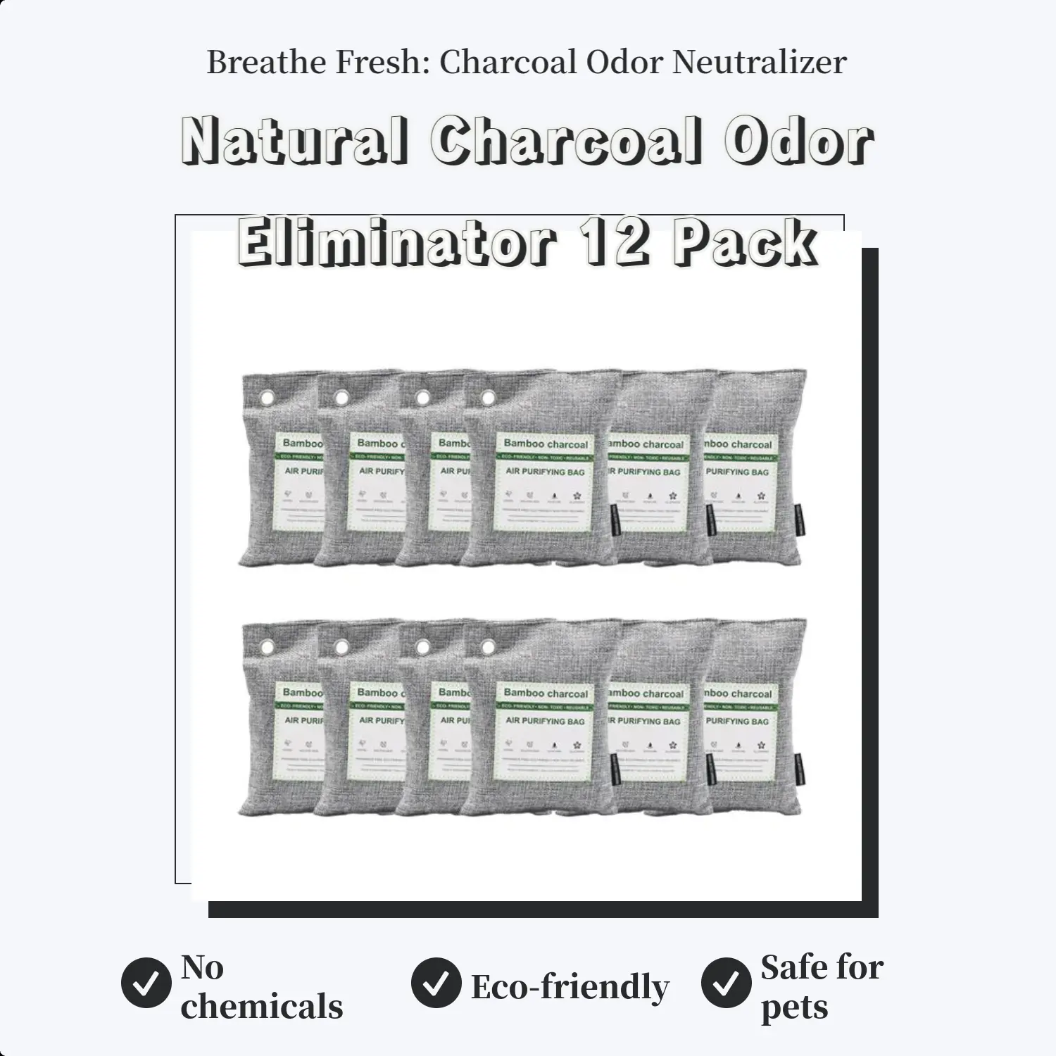 Natural Charcoal Odor Eliminator (12 Pack) | Removes Smells from Shoes, Car, Closet & Fridge Fragrance Aroma Reusable