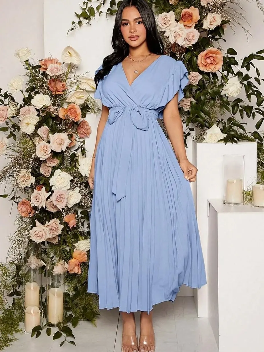 Maternity Solid Color Pleated Dress, Elegant Stretchy Pregnancy Apparel for Formal Parties and Events
