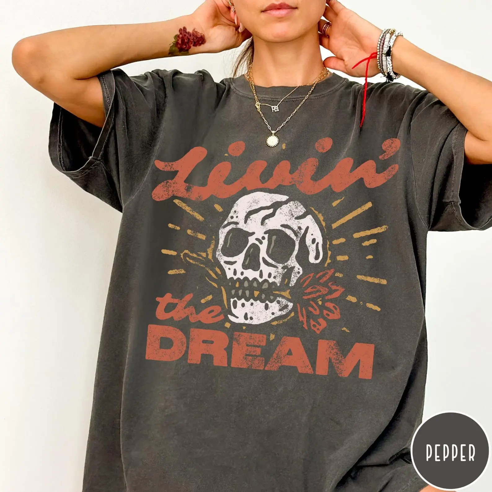 Comfort Colors Livin' the Dream T-Shirt, Vintage Distressed Skull Shirt, Oversized Retro Grunge Tee, Trendy Grunge Indie Boho Graphic Tee