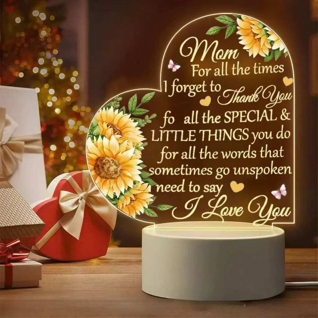2D Flat Heart-Sunflower Acrylic LED Night Light - Personalized Thank You Mom Desk Lamp, Inspirational Sentimental Plaque, Desktop Decor Mom Birthday Gifts for Mother