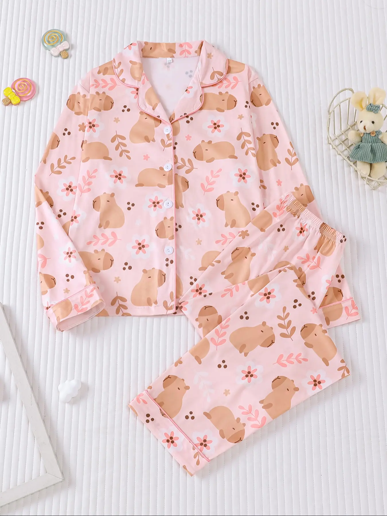 Cartoon Capybara Sleepwear Set, Collared Pajama Set, Cartoon Print Pajama, Fire-Retardant Button-Up Shirt, Long Sleeve Pants, Casual Fall Winter, Kids Fashion