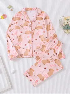 Cartoon Capybara Print Sleepwear Set, Fire-Retardant Button-Up Shirt, Long Sleeve Pants, Casual Fall Winter, Kids Fashion, Pastel Cute Pajamas, All Seasons Pajamas