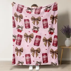Dr Pepper Flannel Leopard print bow Throw Blanket - Versatile For Sofa, Bed, Office, Camping- Cozy Nap Blanket