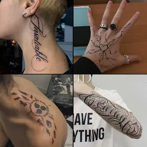Four large herbal tattoo stickers, including floral lettering designs; lasting 7–15 days, waterproof and abrasion-resistant, realistic effect; suitable for those who don’t want tattoos but are sensitive to pain.