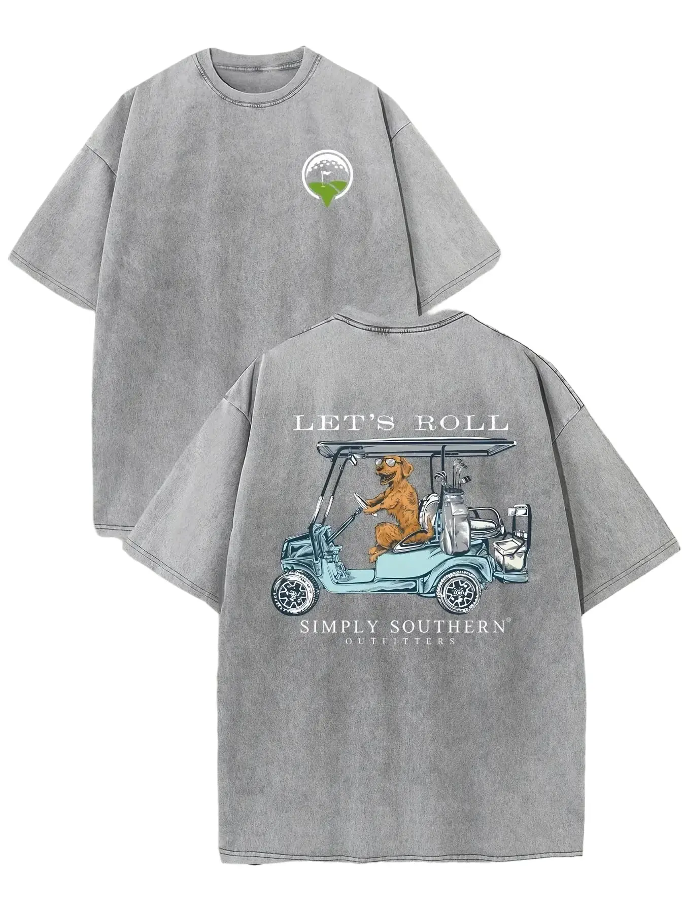Men's & 's Heavyweight 230gsm Vintage Washed Cotton T-Shirt - Southern Golf Cart & Golden Retriever Print with "Let's Roll" & "Simply Southern" Slogan, Casual Short Sleeve Round Neck Tee for Retro Y2K Style, Golf Outings & Gifts vintage t-shirt casual men