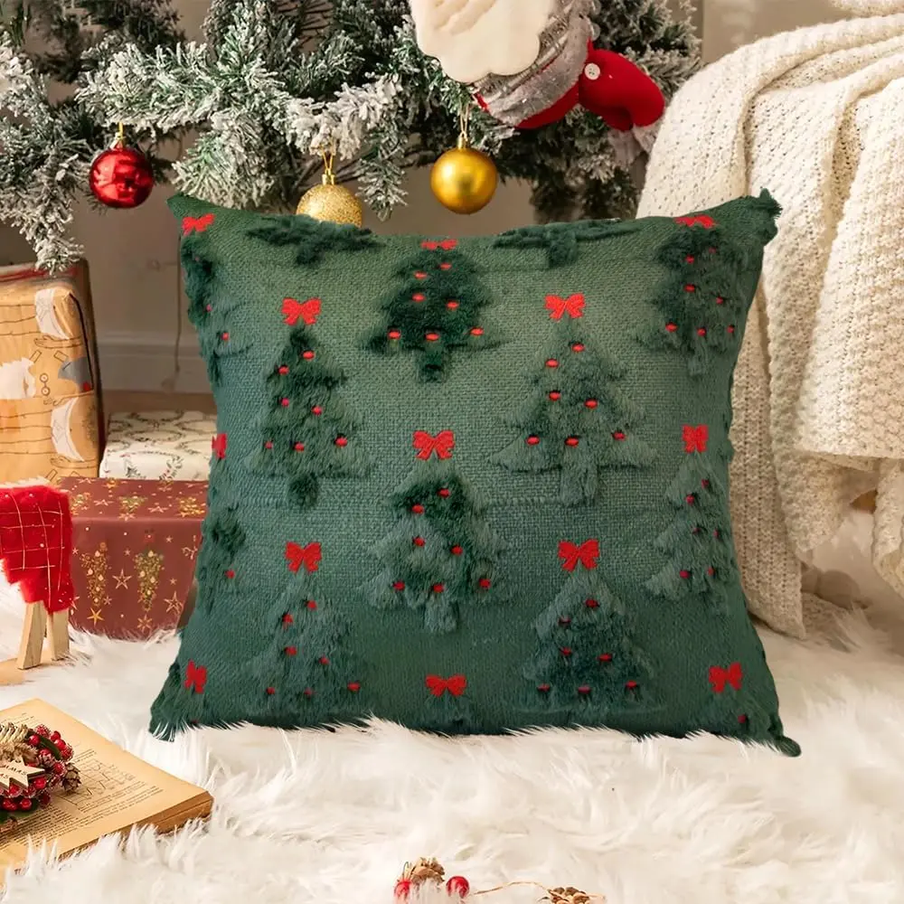 Christmas Pillow Covers 18x18 inch Christmas Decorations Red Bows Xmas Tree Throw Pillow Cases Soft Plush Faux Fur Wool Pillow Covers Winter Holiday Decor for Sofa Living Room