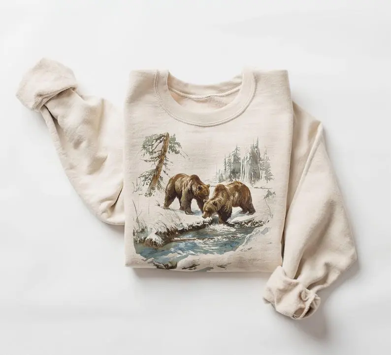 Retro Grizzly Bears Wilderness Scene Sweatshirt - Nineties 90s Vintage Brown Bear Outfit - Boho Unisex Crewneck Sweatshirt