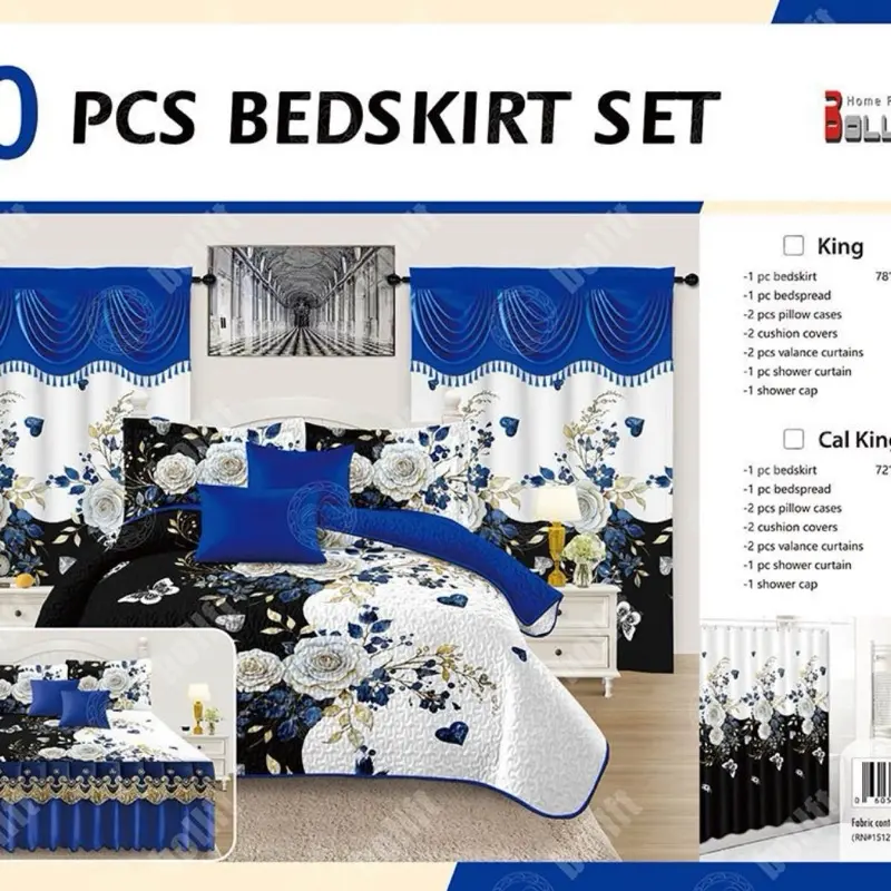 Bedskirt Sets 10 Pieces King Size with 1 Bedskirt 2 Bedspread 2 Pillowcases 2 Cushion Covers 2 Valance Curtains 1 Shower Curtain