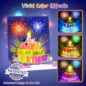 Birthday Cards Fireworks Pop Up Cake Blowable Light and Music Happy Birthday Card Gifts for Women Men Mom Kids