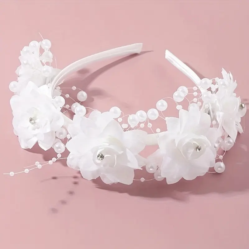 1pc Elegant Floral Beaded Dainty Hair Accessory Headband with Accents - White Polyester for Teens, Ramadan & Formal Events, All-Season Kids' & Adults' Hair Accessory, Dainty Hair Accessories