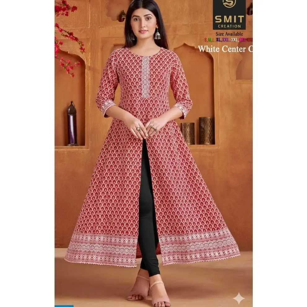 #SMIT-2 Stunning Printed  Rayon Kurti WHITE CENTER CUT GOWN  Perfect for Every Occasion!