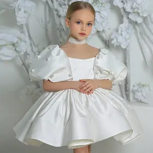 Ready Stock 4-8y Girls Princess Dress Elegant Satin Gown with Pearl Embellished Puff Sleeves Dress for Wedding Birthday Party 246116