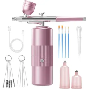 Airbrush Kit with Compressor Portable Airbrush Kit 48PSI High-Pressure Non-Clogging Air Brush Set Cordless Rechargeable with 0.3mm Nozzle and Cleaning Brush for Painting,Nail Art, Makeup (pink)