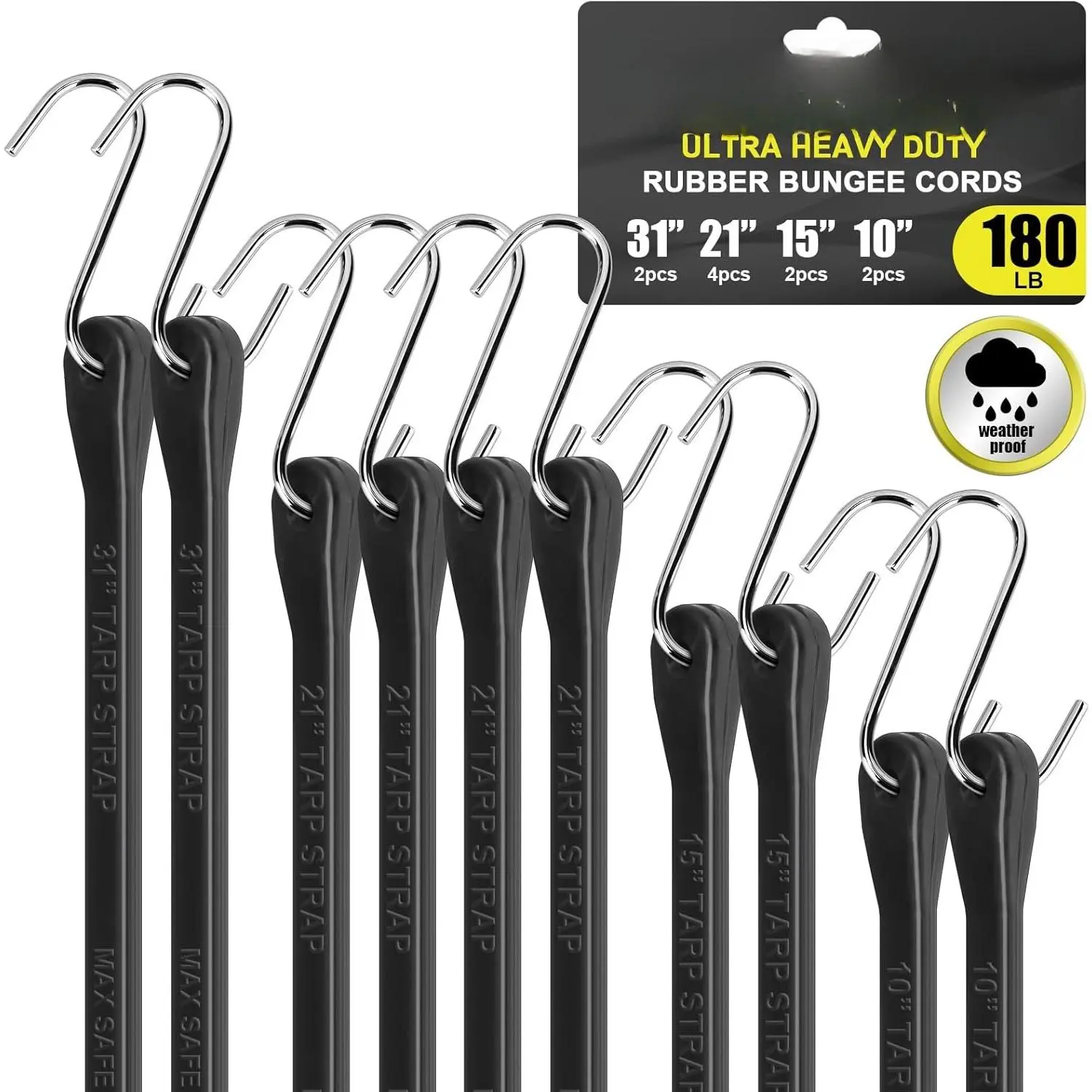 Bungee Cords with Hooks - Heavy Duty 30"/21"/15"/10" 10 Pack Rubber Straps, 304 Stainless Steel S-Hooks, 1.5X Stretch & 180 Lbs Load, Weatherproof for , Tarp, , Camping, Outdoor