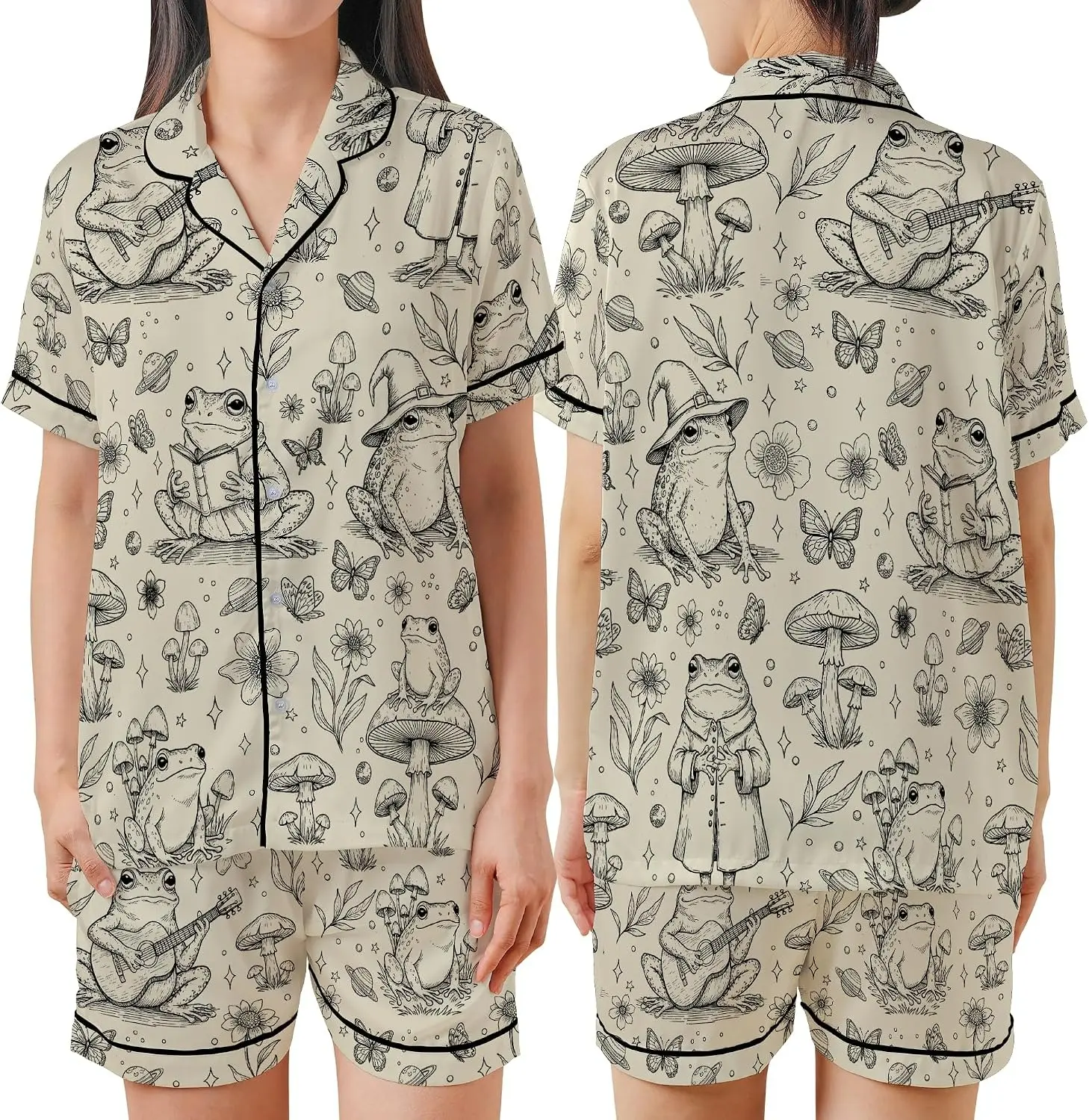 Frog Mushroom Satin Pajama Set – Whimsical Woodland Botanical Print Button Sleepwear, Cute Nature Inspired Lounge Set