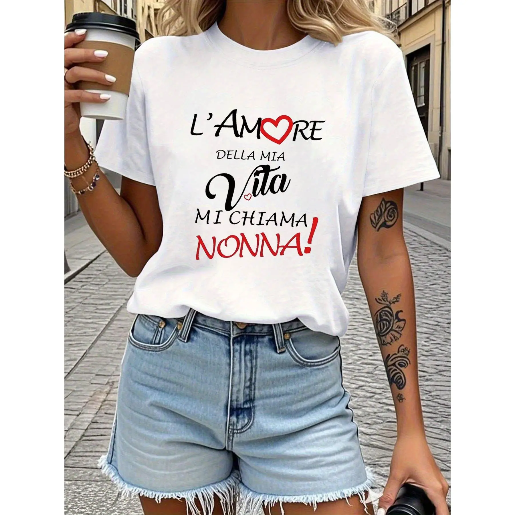 Women's "The Love of My Life Calls Me Nonna" Letter Print Short-Sleeve T-Shirt, Comfortable Simple Soft Cotton Medium-Stretch Round Neck Summer Top, Fitness Use, Hand-Wash Ok, Do Not Bleach