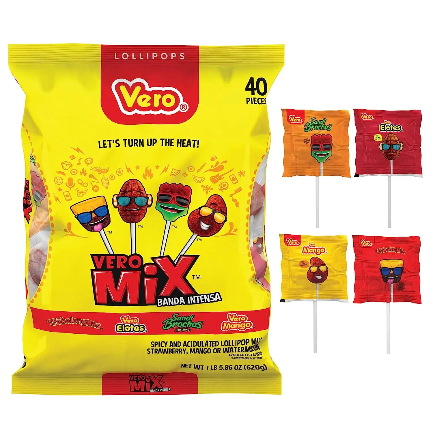 Vero Banda Fuego Mix Assorted Chili Lollipops, 40 Count Bag Mexican Candy Dulces Mexicanos Candies Spicy Sweet Sugar Snack