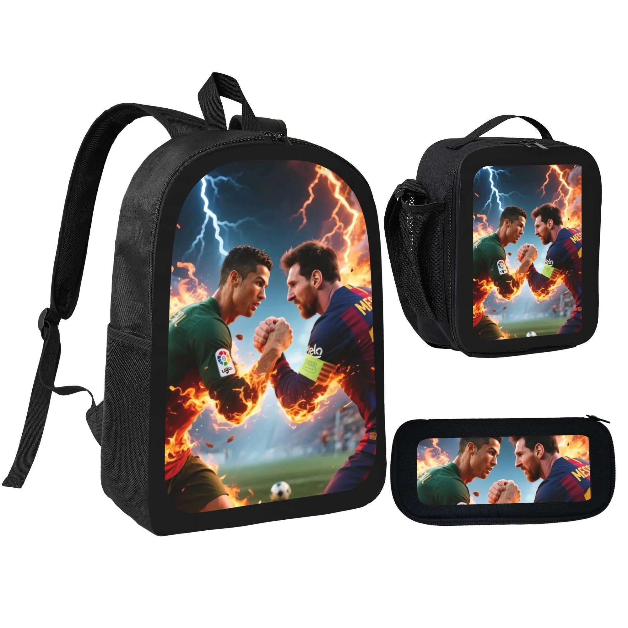 Messi5 Football Star Oxford Cloth 3-Piece Backpack Set for Teenagers - Back to School Haul, School Supplies (Bookbag, Lunch Bag, Pencil Box) with Mesh-Back Multi-Function Daypack for Parks, Mountaineering, Gift, Ipads