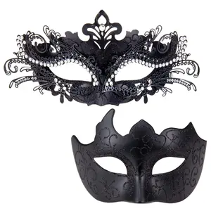 2PCS Masquerade Masks for Couples, Shiny Rhinestone Metal Filigree Venetian Mask & Mens Venetian Mask for Mardi Gras