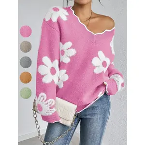 Women’s floral pattern fan-shaped trim drop shoulder sweater, casual long-sleeve V-neck sweater suitable for autumn and winter seasons, fashionable women’s daily wear knitted sweater
