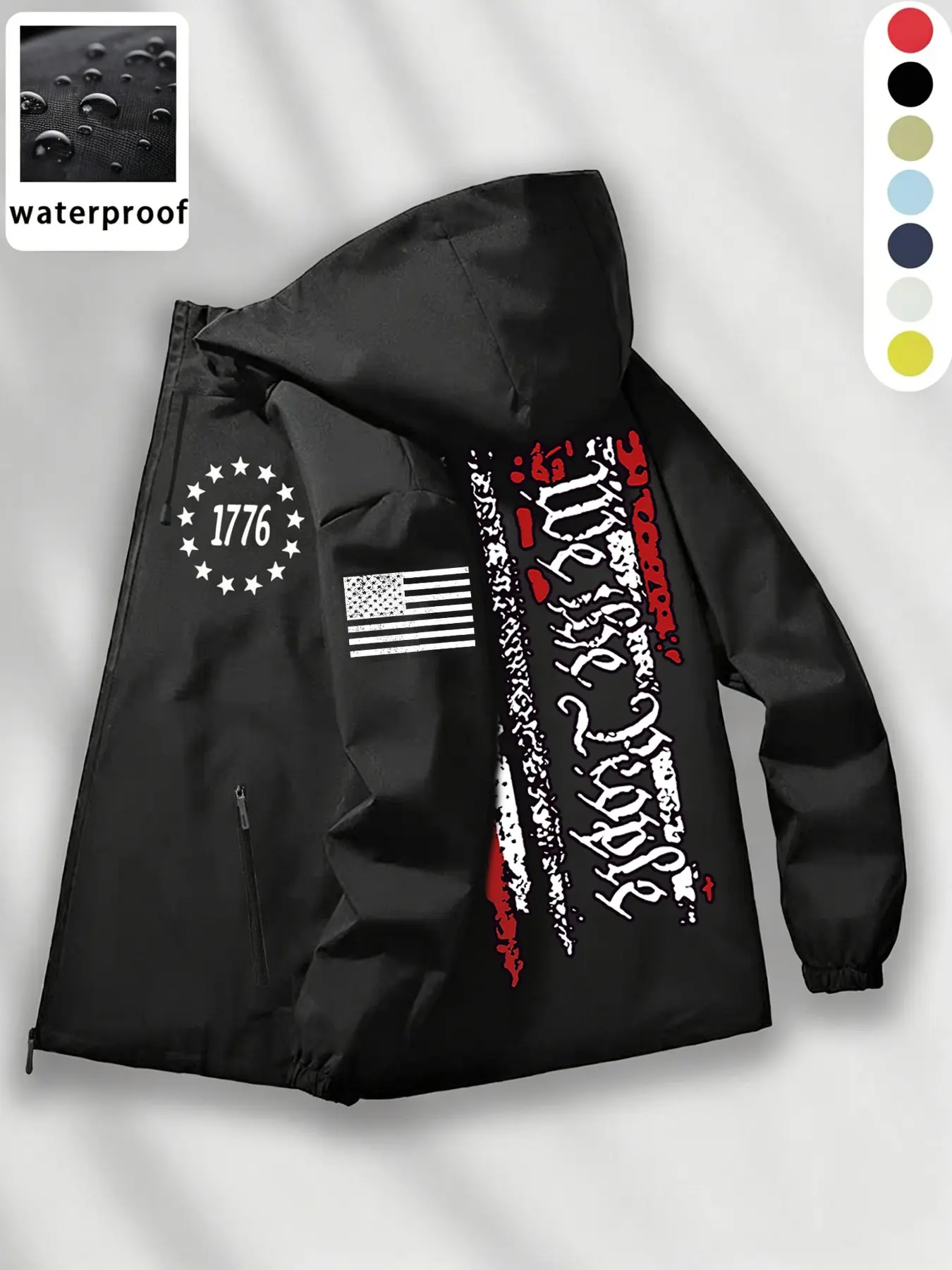 Techwear Aesthetic】 Waterproof Hooded Casual Jacket with "We The People" Graphic Print & 1776 American Flag Patch. Windproof Tactical Outerwear for Outdoor Exploration & Street Style #Techwear #Gorpcore #TacticalGear