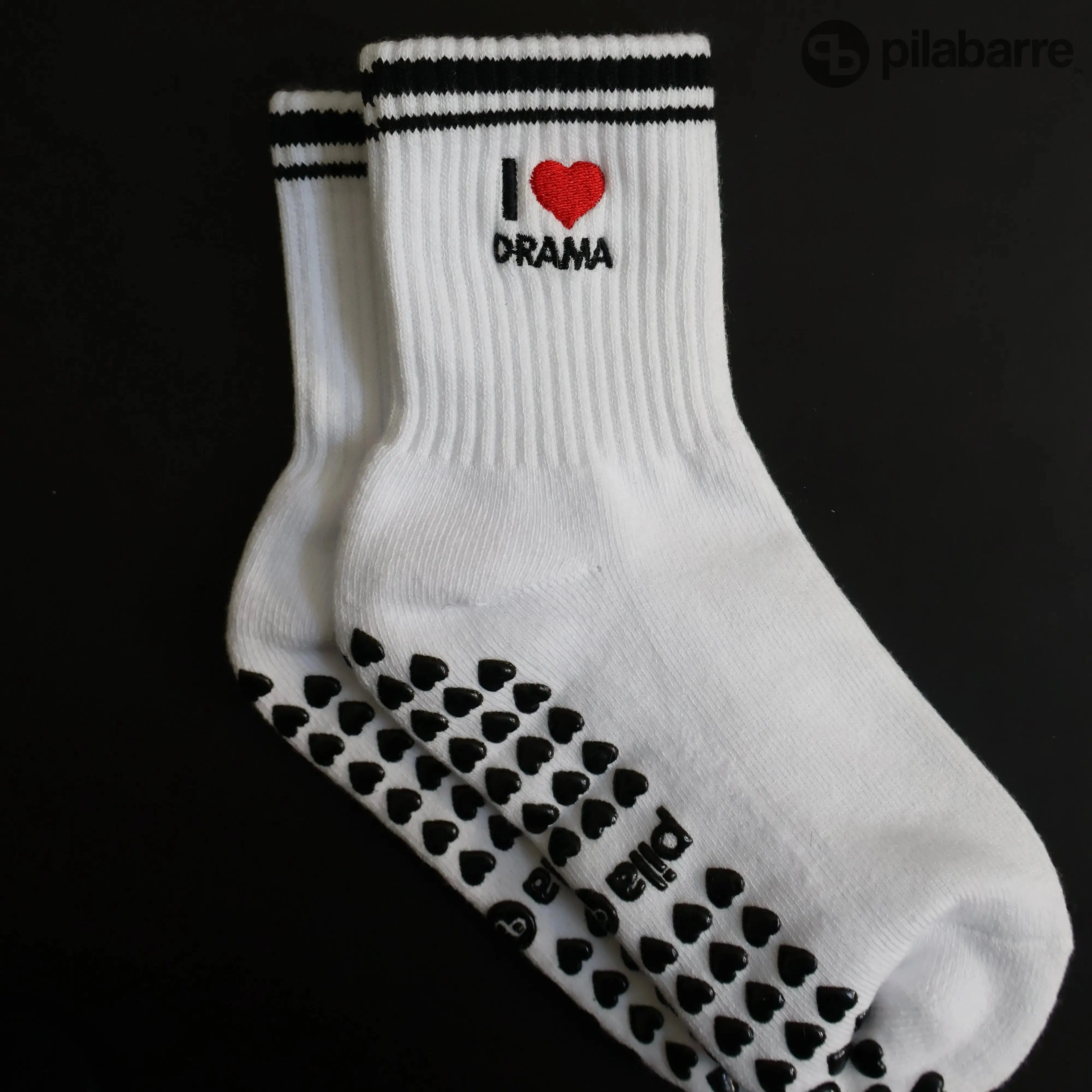 I LOVE DRAMA Grip Socks - fun pilates socks - fun barre socks- Non-Slip Heart Grips - classic white grip socks with black details - gift for drama queen