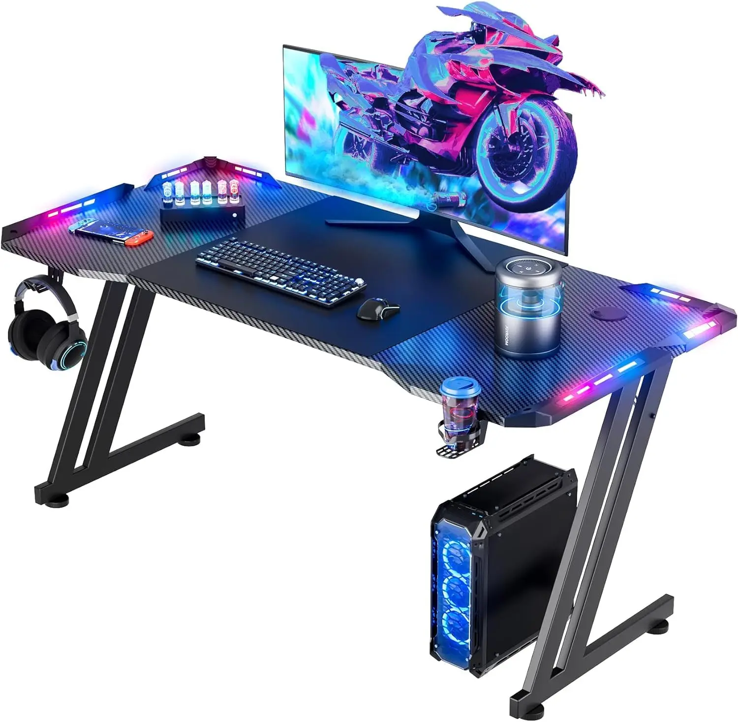 Gaming Desk with LED Lights, Large RGB Computer Gaming Desk Table with Cup Holder Headphone Hook Mouse Pad, Ergonomic Modern Carbon Fiber Mesa Gamer Pc Work Home Office Desks