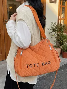 Korean-inspired Instagram-style orange quilted tote bag, Crossbody handbags, Corduroy-textured adjustable shoulder strap crossbody bag Niche design commuter bag for students and travel Spring/Summer new arrival women's handbag