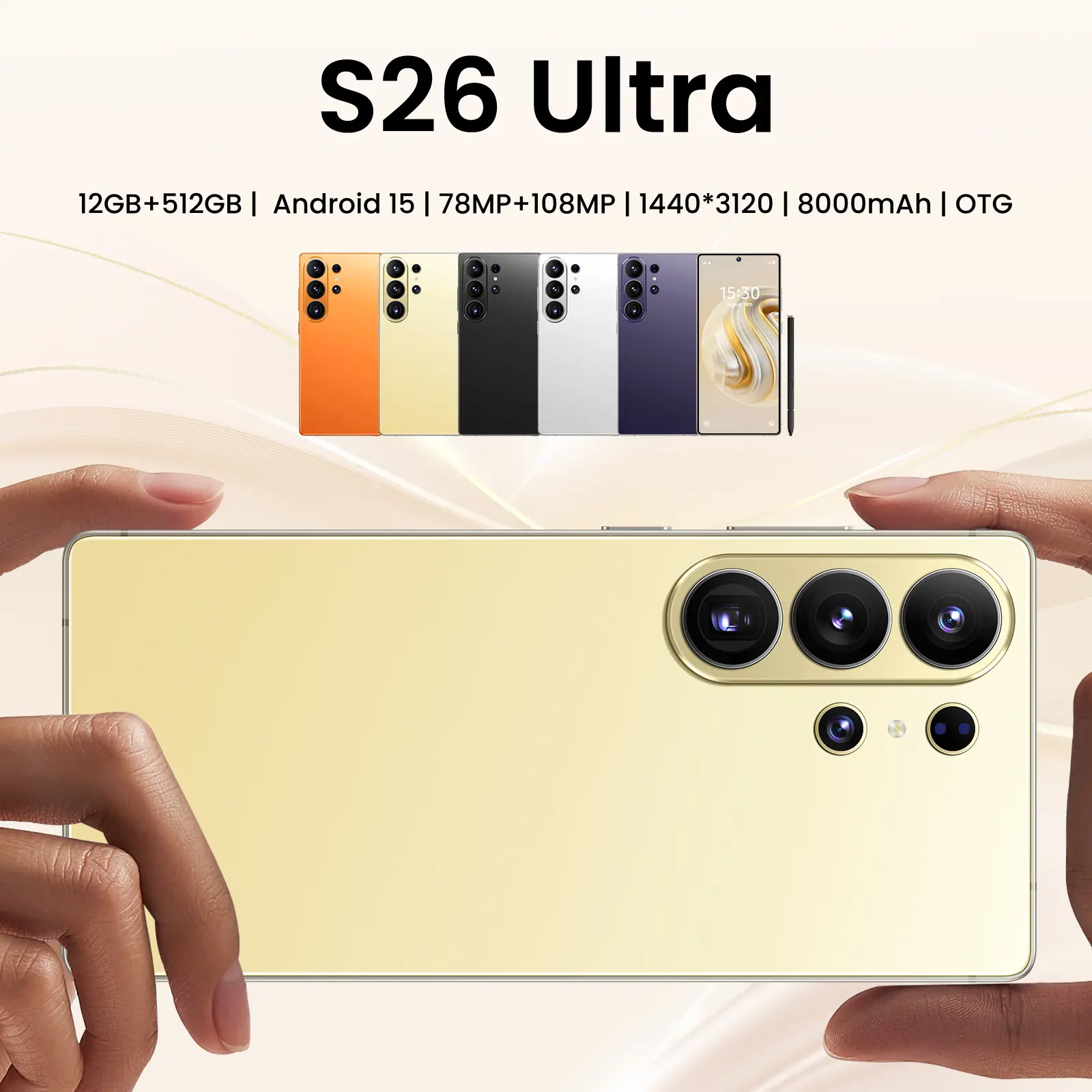 2026 Upgraded S26 Ultra 5G Unlocked Phone | 12GB+512GB | Android 15 | 6.99" HD Screen | 78MP+108MP Camera | 8000mAh | Built-in Pen | Dual SIM