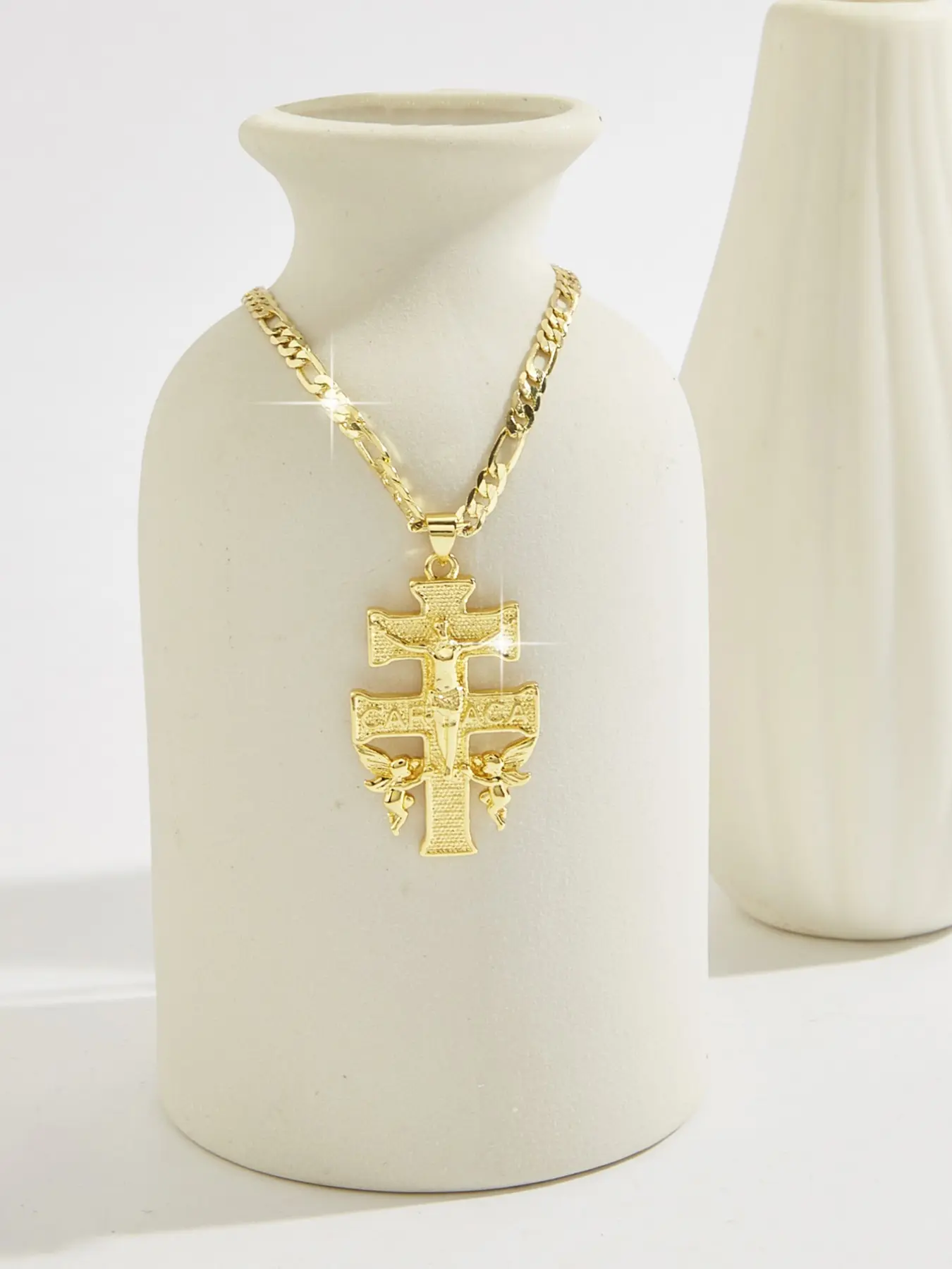 Fashion Elegant Caravaca Cross Pendant Necklace, Classic Copper Material, 60cm Chain, Cuban Link Chain, Religious Dual Cross Charm Jewelry, Cuban Cross Necklace, Cross Chain Design, Cuban Style Necklace, Faith Pendant Necklace