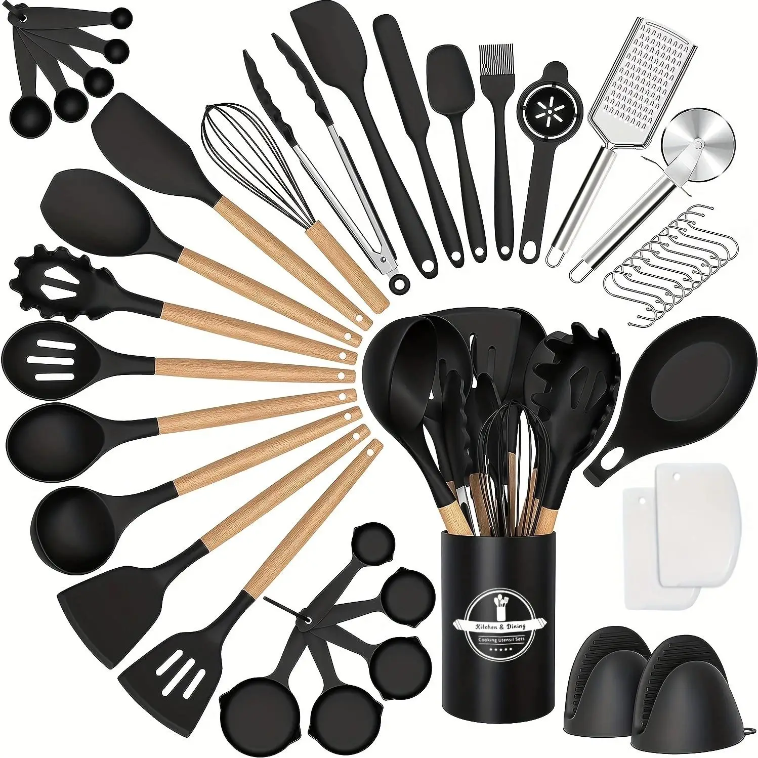 Silicone Cookware Set, 43pcs Non-stick Wooden Handle Kitchenware with Storage Bucket, High Temperature Resistant and Easy To Clean Spatula & Spoon Ute