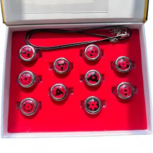 Naruto Akatsuki Sharingan 10Pcs Metal Rings Set with Necklace Chain, Uchiha Itachi Sasuke Cosplay Adjustable Jewelry, Anime Collectible Gift for Fans, Halloween Costume Accessory