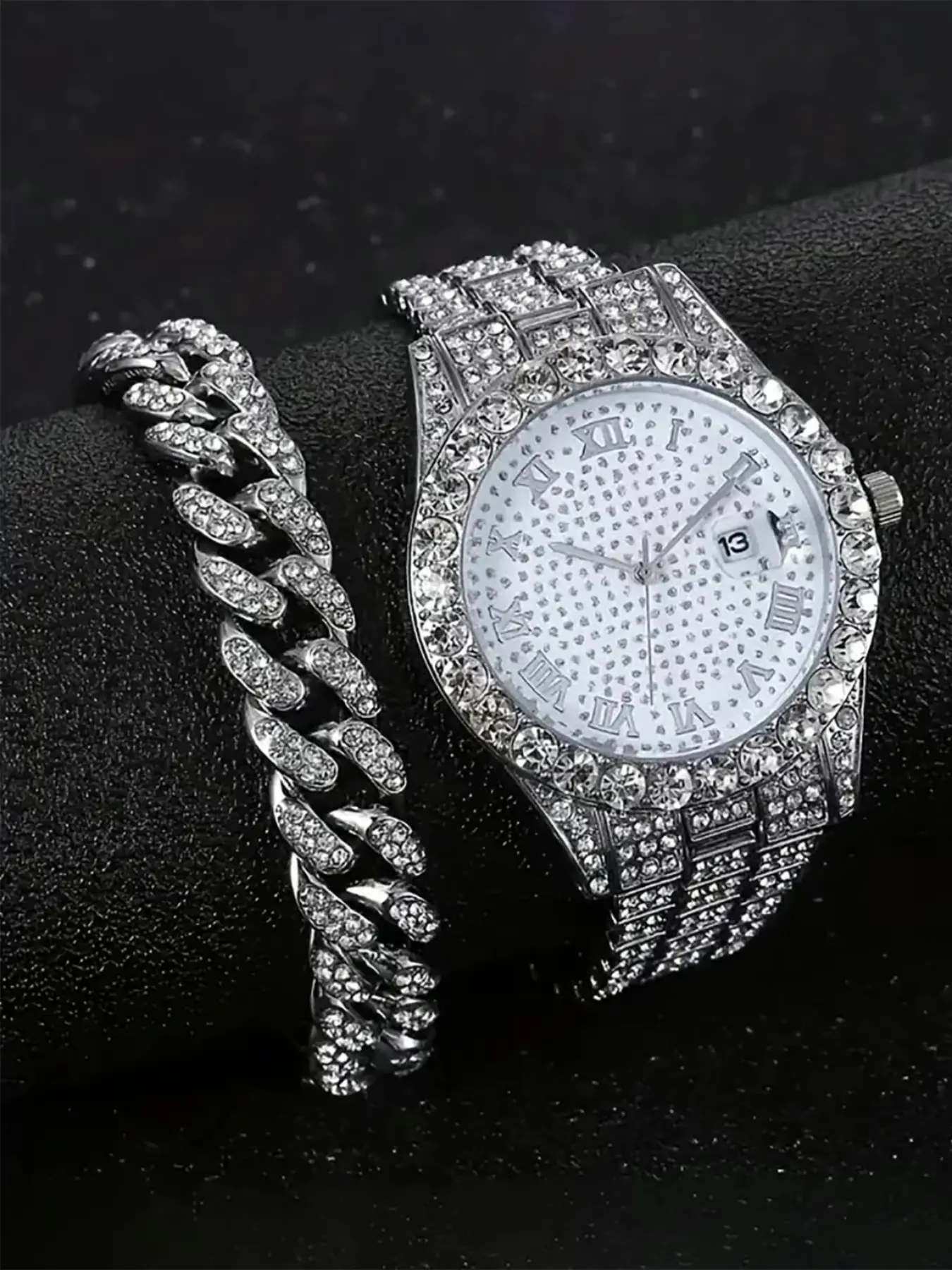 Men's Rhinestone Decorated Bling Watch & Jewelry Set, Including Round Dial Analog Quartz Watch & Cuban Chain Necklace & Bracelet, Trendy All-match & Exquisite Watch Set for Gift, Rhinestone Embellished Watch, Stainless Steel Wristwatch